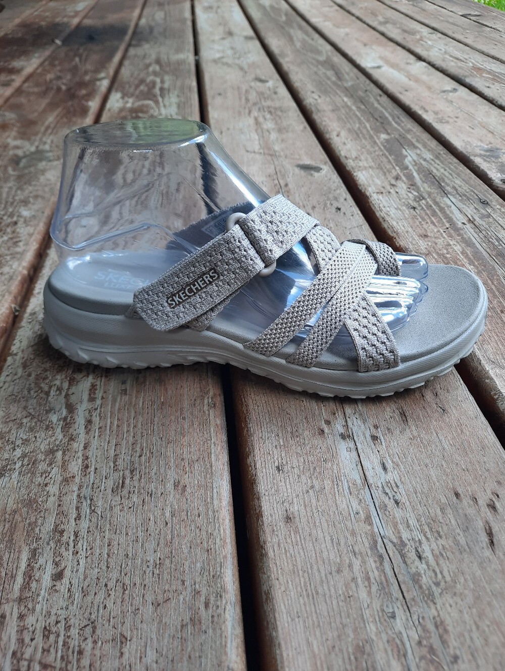 Skechers Luxe Foam Strappy Criss-cross Slide Sandals Taupe Comfort Sole Size 8 - Picture 3 of 15